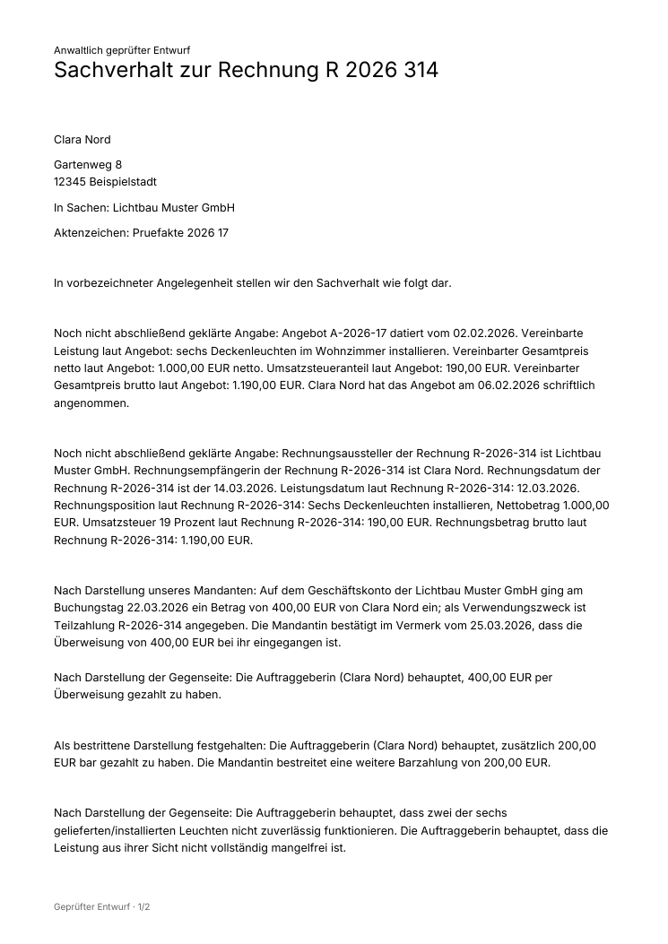 Echte Beispielausgabe aus der Aktenwerkstatt. Der Entwurf bleibt anwaltlich zu prüfen.
